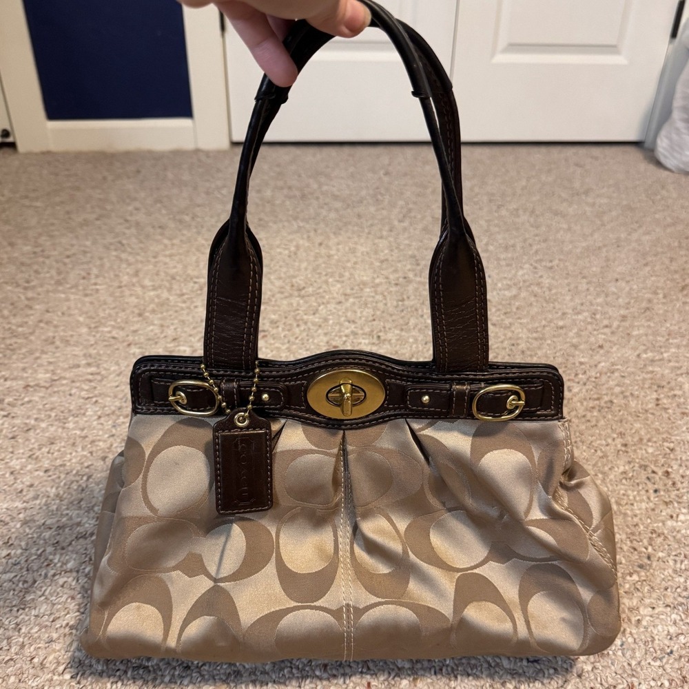 Coach Parker Signature Sateen Shoulder Bag Khaki Bronze F13906